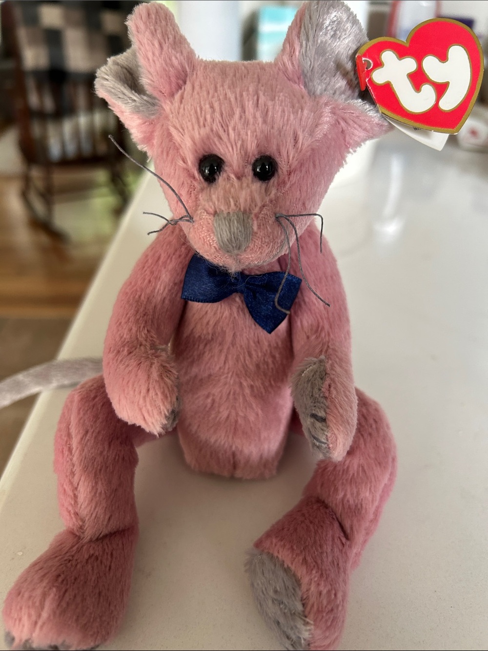 Ty Pink Plush mouse with Navy Bow